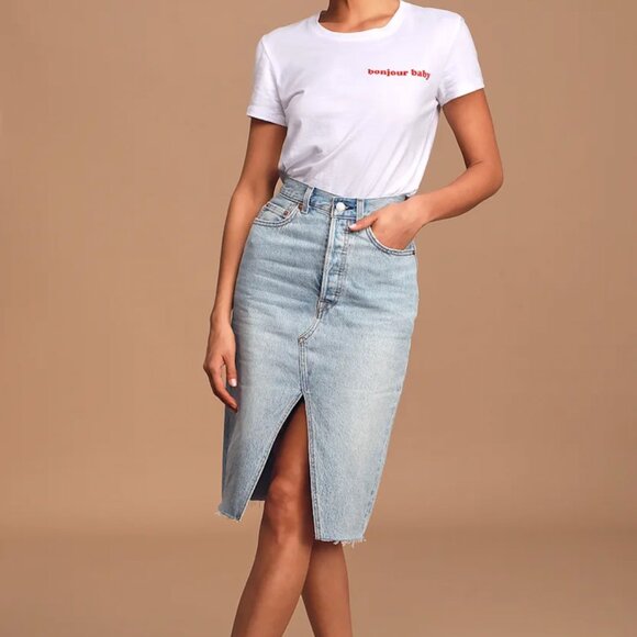 Deconstructed Light Wash Denim High-Rise Midi Skirt - Picture 4 of 4